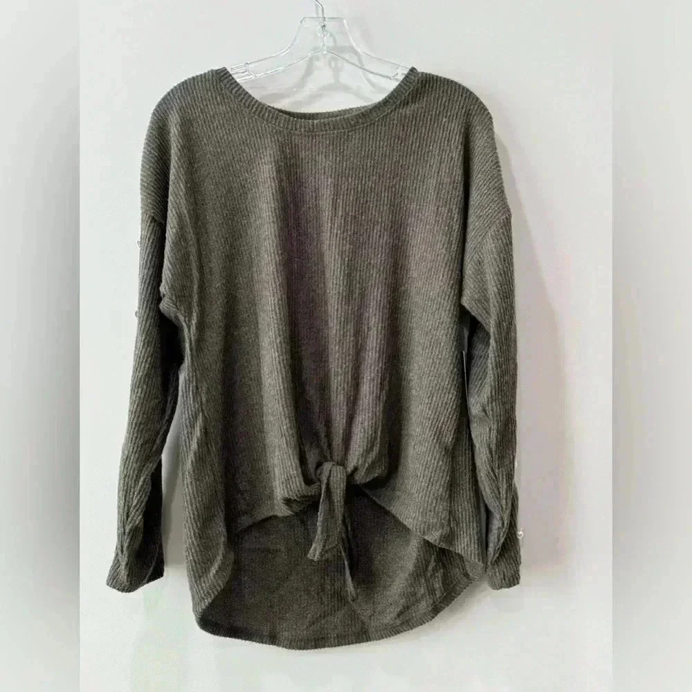 New York Laundry Crewneck Ribbed Sweater with Tie Front - Size M